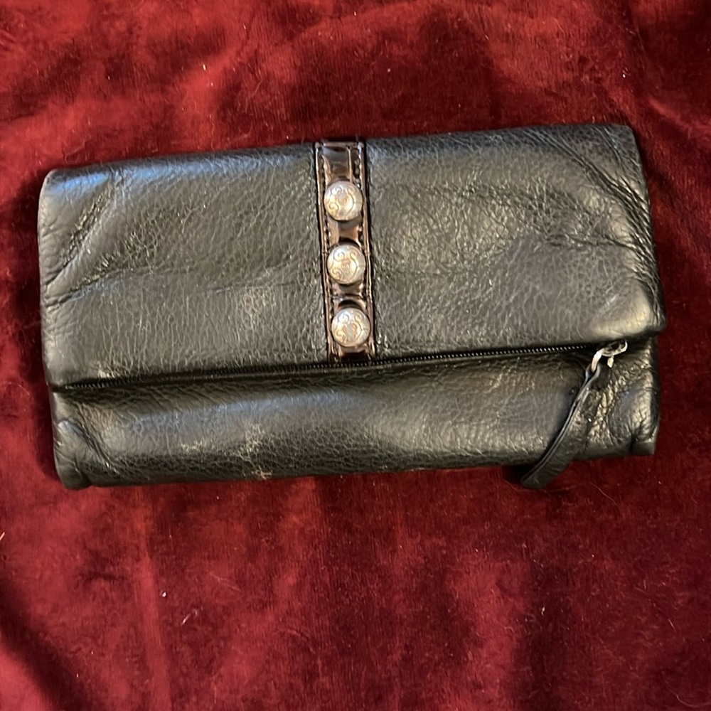 Brighton, black wallet with brown Pat and leather trim with embellishments